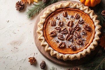 Pumpkin Pie with whipped cream and cinnamon on rustic background, top view. Homemade pastry for Thanksgiving traditional Pumpkin Pie