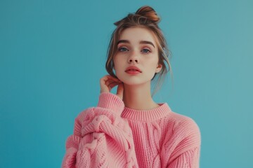 Poster - A woman posing for a photo while wearing a pink sweater, suitable for use in lifestyle, fashion or advertising contexts