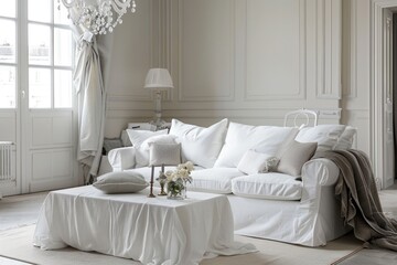 Poster - A cozy living space with a white couch and coffee table
