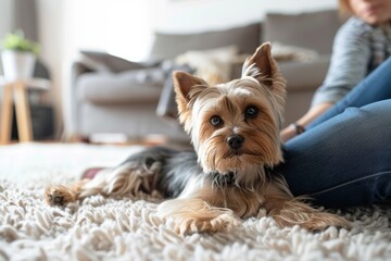 Wall Mural - Yorkshire Terrier lying on the floor next to owner.