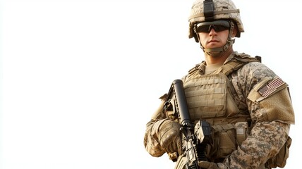 A soldier in a camouflage uniform stands in front of a white background