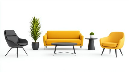 Sticker - A yellow couch is in the middle of a room with a black chair