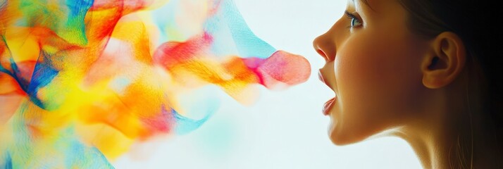 Wall Mural - A profile of a person exhaling colorful smoke, symbolizing creativity and expression.