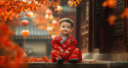 Wall Mural - Portrait of a happy, cute little Korean baby girl wearing a red hanbok