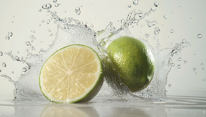 Wall Mural - A lime and a lime wedge splash into water creating a beautiful water spray.