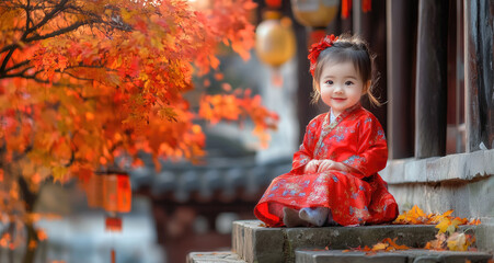 Wall Mural - Portrait of a happy, cute little Korean baby girl wearing a red hanbok