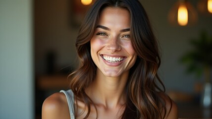 Wall Mural - A woman with long brown hair is smiling and looking at the camera