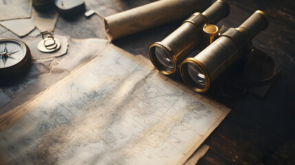 The wooden table holds binoculars, a map and a vintage compass.