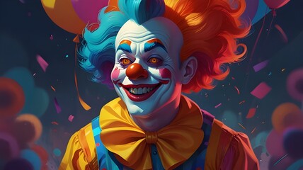 Colorful illustration of a clown, surrounded by bright, vibrant colors.