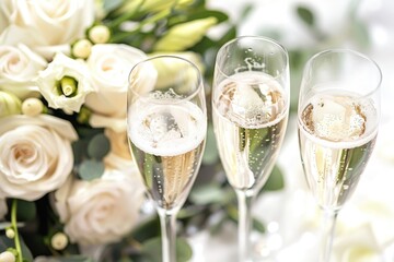 Poster - Three glasses of champagne on a table with flowers in the background, perfect for celebrations
