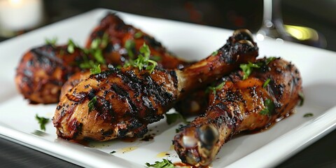 Wall Mural - Chicken Drumsticks Grilled to Perfection on a Light-Colored Serving Plate Showcasing Stunning Grill Patterns