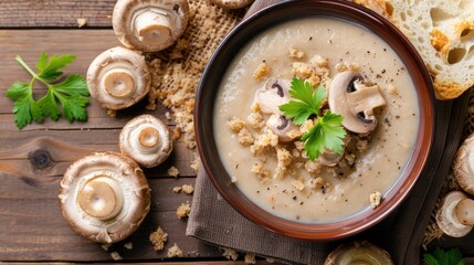 Creamy mushroom soup with breadcrumbs and mushrooms on a wooden background