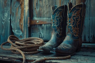 Poster - A pair of cowboy boots sitting on a wooden bench, ideal for western-themed decor or country-style photography