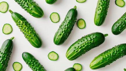 Wall Mural - Crisp cucumbers against white backdrop