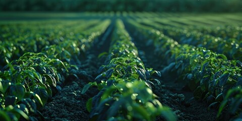 Wall Mural - Neat rows of green pepper plants in an organic garden