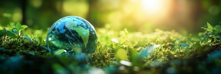 Sticker - A glass globe representing Earth on moss, symbolizing environmental awareness and nature.