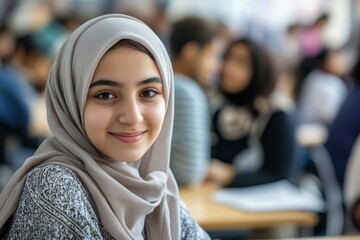 Wall Mural - Selective focus on Arab student at school with students and classmates in diverse origins such as Africa, Asian, South America and other origin ideal for diversity concept with generative ai