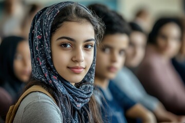 Wall Mural - Selective focus on Arab student at school with students and classmates in diverse origins such as Africa, Asian, South America and other origin ideal for diversity concept with generative ai