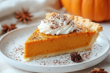 Pumpkin pie, tart made for Thanksgiving day with whipped cream on a white plate. Grey stone background