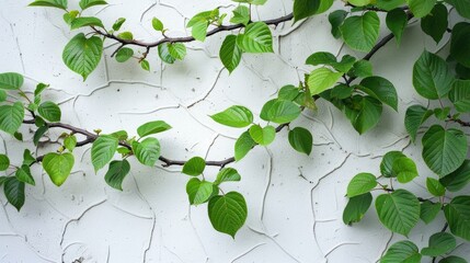 Mulberry branches with vibrant green leaves on a white wall