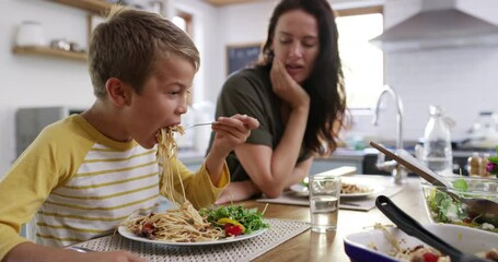 Poster - Food, happy and funny with family in kitchen for health, love and eating together. Smile, lunch and nutrition with parents and children at dining table in home for dinner, wellness and bonding