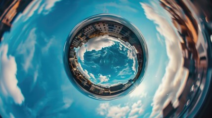 Poster - A fisheye lens captures the cityscape from above, with towering buildings and streets below
