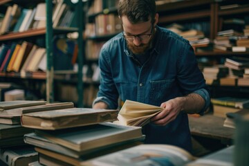 Wall Mural - A person sitting in a quiet library atmosphere, engrossed in a book