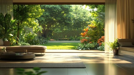 Wall Mural - Modern Living Room with Patio Door and Tropical Garden View