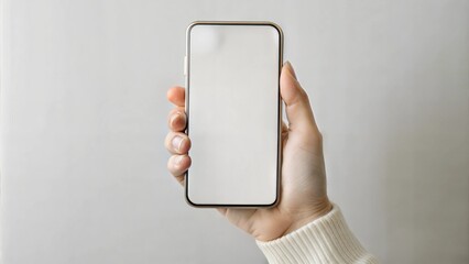 Wall Mural - A hand holds a smartphone with a blank screen to present an app or website on a neutral background.Cell phone,gadget in the human hand