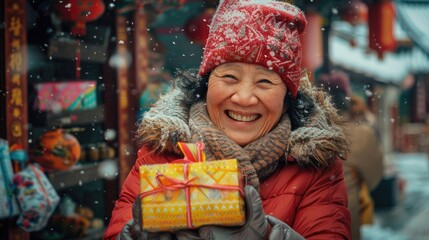 Poster - A woman holds a gift in her hand, wearing a red jacket