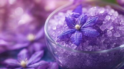 Wall Mural - A calming image of purple clematis spa salt in a glass container, with selective focus on the salt crystals