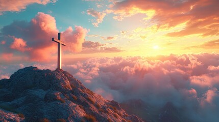 Wall Mural - Cross on Mountain Peak at Sunset with Clouds