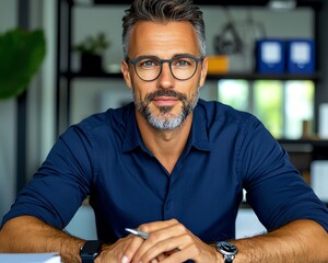 Confident man with glasses sitting at a desk, looking directly at the camera, embodying professionalism and modern style.