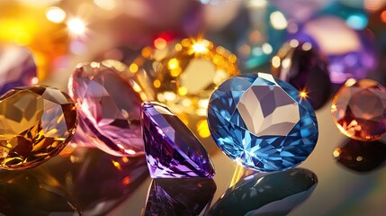 A close-up of radiant gemstones in various colors, sparkling on a reflective surface, bathed in soft, warm light for a luxurious effect