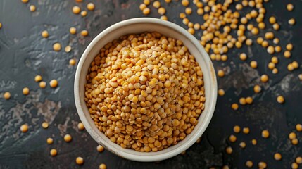 Organic masoor dal in a white bowl with brown dal background viewed from above