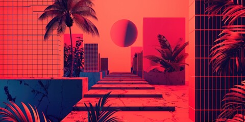 Poster - A modern building with a tropical touch featuring palm trees
