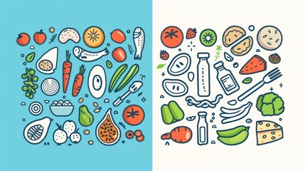 Poster - Colorful doodle illustration of food, fruits, vegetables, and dairy.