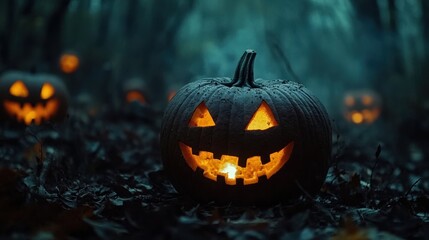 Poster - Illuminated Jack o  Lantern in Dark Forest for Halloween