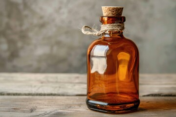 Sticker - A simple still life image of a glass bottle with a cork stopper sitting on a wooden table