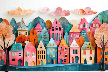 Colorful paper art depicting a whimsical town with vibrant houses, trees, and clouds, ideal for creative projects.