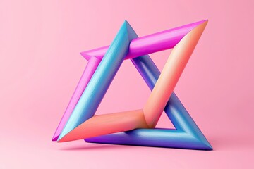 Poster - Colorful geometric shape composed of intertwined triangular forms, set against a soft pink background, perfect for modern design.