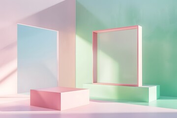 A minimalist stage design style background with light pink and green as the main colors, featuring two square-shaped boxes placed on an open space. The left side of one box is filled with white paper,