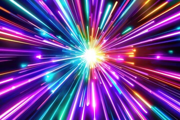Fototapete - Vibrant burst of light rays in various colors creating an energetic and dynamic visual effect on a dark background.