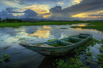Poster - A small boat floating peacefully on the surface of the water