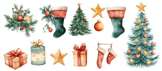 Wall Mural - Watercolor elements for the festive season including a Christmas tree ornaments garlands stockings gifts and stars perfect for winter holiday decor