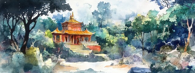 Watercolor illustration depicting a colorful ancient temple surrounded by forest