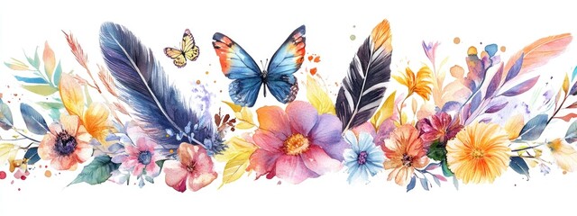 Poster - Watercolor illustration featuring a composition of flowers butterflies and feathers