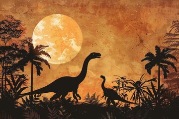 Poster - A pair of dinosaurs strolling through the jungle under the light of a full moon