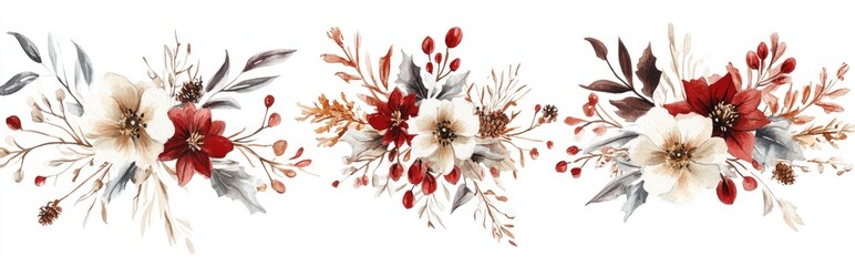 Wall Mural - Watercolor floral arrangement for the holiday season Hand drawn winter bouquets on a white background Suitable for prints postcards design elements greeting cards packaging textiles and stickers