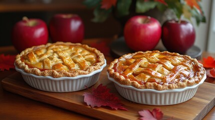 Apple pie decorated with lattice overhead shot, fall baking concept